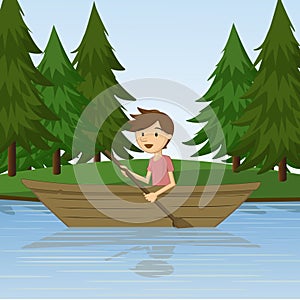 A Boy Rowing a Boat on the River.