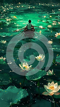 The boy is rowing in the middle of a lake surrounded by lotus flowers
