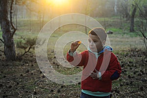 A boy in rubber boots walks through the forest and holds a magnifying glass in her hands, examines the stones, a mineral.