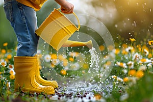 Boy in rubber boots waters flowers with a watering can. Child takes care of plant in nature.