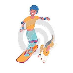 The boy run skateboarding with his puppy beagle dog, wearing protective gear prevent accident, sports activity ourdoor style, flat