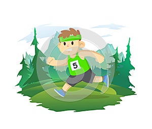 The boy running against the background of the mountain landscape. A healthy lifestyle, children's sports, outdoor