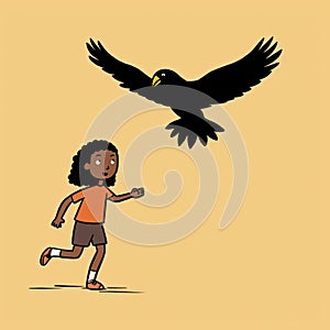 Black Person Catching A Bird: Children's Book Style Illustration