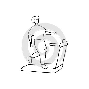 Boy running on treadmill. Sport training, workout concept. Doodle hand drawn vector graphic