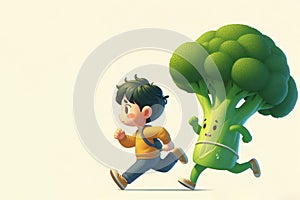 A boy runs away from broccoli. Space for text.