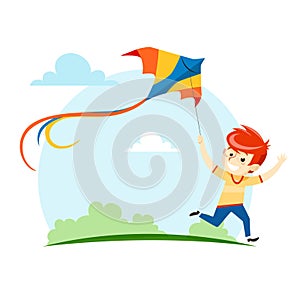 The boy runs and launches a kite into the sky