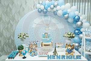 Boy`s birthday party with bluish pastel colors decoration