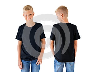 Boy`s black t-shirt mockup template, front and back