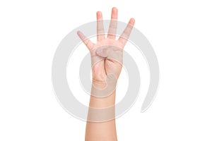 Boy`s hand shown four finger symbol on isolated white background for graphic designer