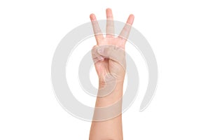 Boy`s hand shown three finger symbol isolated white background for graphic designer