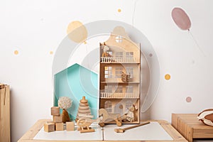 boy's room. Stylish scandinavian room, with toys. Modern interior with background walls.