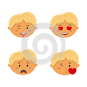 A boy`s set of emotions. Playfulness, Falling in love, Sobbing, Sending love, . Flat vector illustration in cartoon