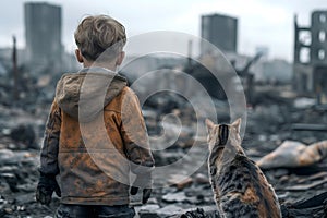 Boy sad alone child hugs dirty cat, ruined house, destroyed city street post apocalyptic scene.