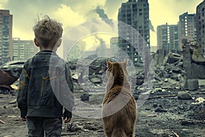 Boy sad alone child hugs dirty cat, ruined house, destroyed city street post apocalyptic scene.