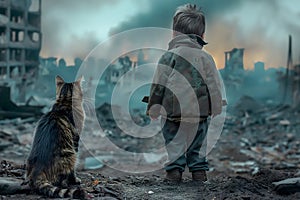 Boy sad alone child hugs dirty cat, ruined house, destroyed city street post apocalyptic scene.