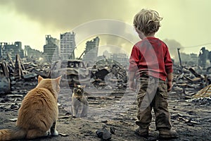 Boy sad alone child hugs dirty cat, ruined house, destroyed city street post apocalyptic scene.