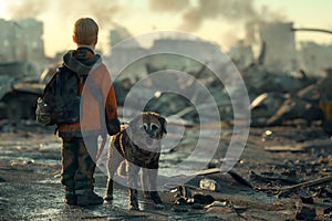 Boy sad alone child hugs dirty dog, ruined house, destroyed city street post apocalyptic scene.