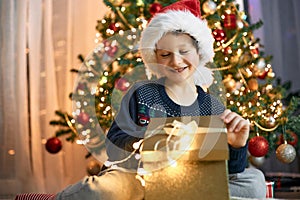 A boy in a santa hat opens a gift box next to a garlanded Christmas tree. Gifts for children. Dreams Come True