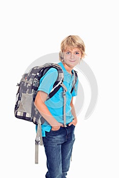 Boy with satchel in front of white background
