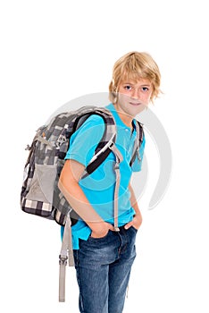 Boy with satchel in front of white background