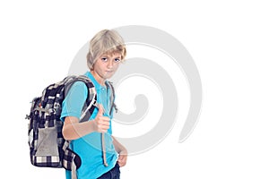 Boy with satchel and thumb up in front of white background