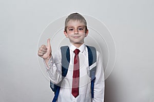 Boy in school uniform shows thumbs up. White background. Children education