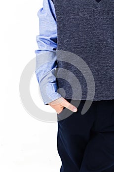 Boy in school uniform on white background.