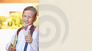 Boy schoolboy holding a textbook leaning against the wall of the school shows a hand sign of approval lifting his finger to the