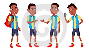 Boy Schoolboy Kid Poses Set Vector. High School Child. Black. Afro American. Children Study. Knowledge, Learn, Lesson