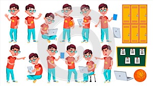 Boy Schoolboy Kid Poses Set Vector. Primary School Child. Schooler. Young People. University, Graduate. For Advertising