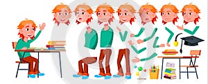 Boy Schoolboy Kid Vector. High School Child. Animation Creation Set. Face Emotions, Gestures. School Student. Graduation