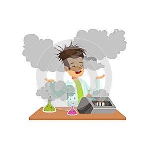 Boy scientist after a failed experiment, mixture explosion, schoolgirl at chemistry lesson vector Illustration