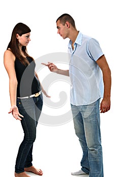 Boy scolding girl isolated on white