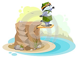 Boy scout animal raccoon jump into water from diving board jumping