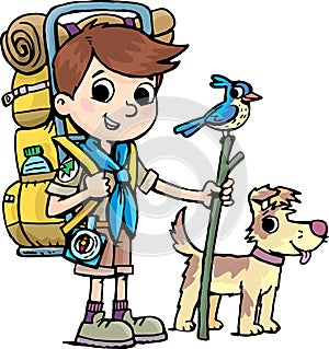 Boy scout with backpack and dog