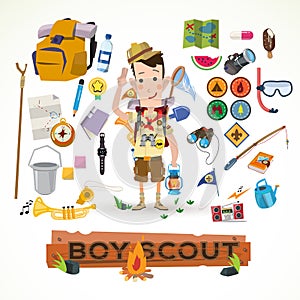 Boy scout with camping equipment and object -