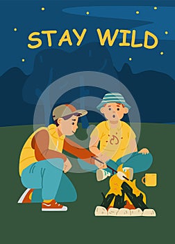 Boy scout camping poster with children at campfire, flat vector illustration.