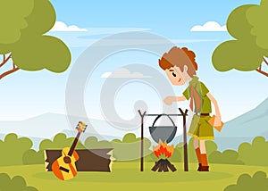 Boy Scout Cartoon Character in Khaki Costume Cooking Soup in Pot at Campsite Vector Illustration