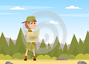 Boy Scout Cartoon Character in Khaki Costume Examining Map Vector Illustration