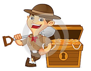 Boy scout cartoon leaning on treasure