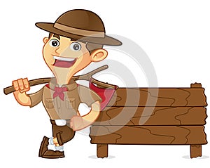 Boy scout cartoon leaning on wooden plank