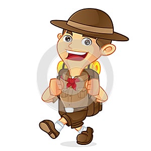 Boy scout cartoon walking and carrying backpack