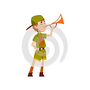 Boy scout character in green uniform playing trumpet vector Illustration on a white background