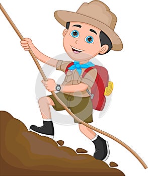 Boy scout climbing hill on white background