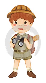 Boy scout with hiking suit look through binoculars . Realistic watercolor paint with paper textured . Cartoon character design .