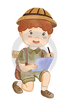 Boy scout with hiking suit is take note on paper . Realistic watercolor paint with paper textured . Cartoon character design .