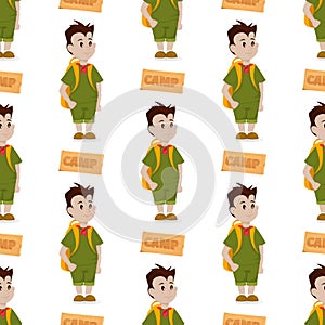 Boy scout seamless pattern camp outdoor background nature kid scouting vector illustration