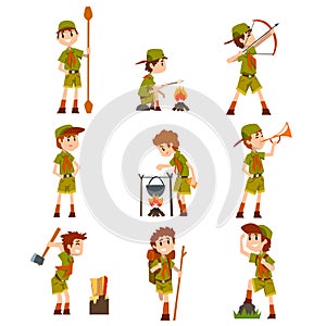 Boy scouts set, boys in scout costumes with hiking equipment, summer camp activities vector Illustrations on a white