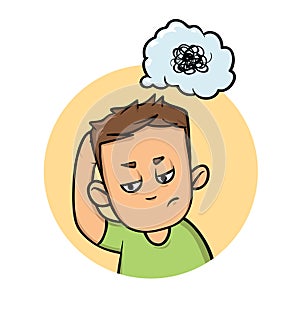 Boy scratching his head trying to remember or thinking hard. Confusion, memory loss. Flat design icon. Flat vector photo