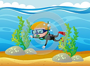 Boy scuba diving under the ocean